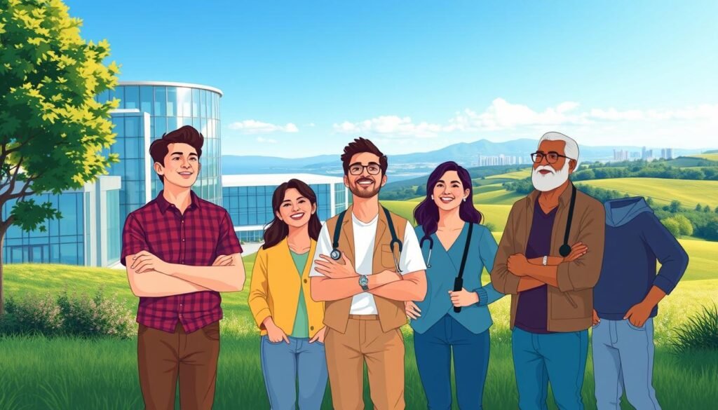 A serene illustration of healthcare benefits for self-employed workers under Social Security Section 40. In the foreground, a group of diverse individuals - a freelancer, a gig worker, and a small business owner - stand together, their faces filled with relief and gratitude. The middle ground features a sleek, modern healthcare facility, its glass façade reflecting the clear blue sky. In the background, a lush, verdant landscape with rolling hills and a distant city skyline sets the scene. The lighting is soft and warm, conveying a sense of security and well-being. The composition is balanced and visually appealing, capturing the importance of social protection for the self-employed. A serene illustration of healthcare benefits for self-employed workers under Social Security Section 40. In the foreground, a group of diverse individuals - a freelancer, a gig worker, and a small business owner - stand together, their faces filled with relief and gratitude. The middle ground features a sleek, modern healthcare facility, its glass façade reflecting the clear blue sky. In the background, a lush, verdant landscape with rolling hills and a distant city skyline sets the scene. The lighting is soft and warm, conveying a sense of security and well-being. The composition is balanced and visually appealing, capturing the importance of social protection for the self-employed.