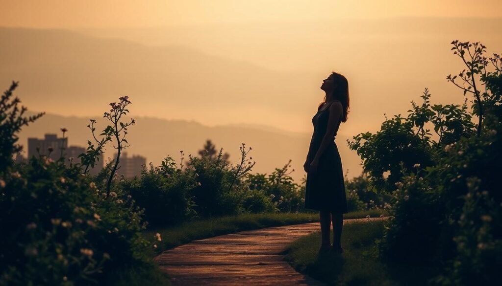 A serene landscape reflecting the tranquility of a dream-like state. In the foreground, a winding path leads towards a silhouetted figure gazing upwards, their form softly illuminated by a warm, glowing light. The middle ground features lush, verdant foliage, with delicate flowers and swaying trees casting gentle shadows. The background stretches out into a hazy, dreamlike horizon, hinting at the boundless possibilities of the subconscious. The overall atmosphere is one of contemplation, introspection, and a sense of embracing the ephemeral nature of dreams. Soft, diffused lighting creates a soothing, ethereal quality, inviting the viewer to pause and reflect on the interplay between reality and the realm of the imagination. A serene landscape reflecting the tranquility of a dream-like state. In the foreground, a winding path leads towards a silhouetted figure gazing upwards, their form softly illuminated by a warm, glowing light. The middle ground features lush, verdant foliage, with delicate flowers and swaying trees casting gentle shadows. The background stretches out into a hazy, dreamlike horizon, hinting at the boundless possibilities of the subconscious. The overall atmosphere is one of contemplation, introspection, and a sense of embracing the ephemeral nature of dreams. Soft, diffused lighting creates a soothing, ethereal quality, inviting the viewer to pause and reflect on the interplay between reality and the realm of the imagination.