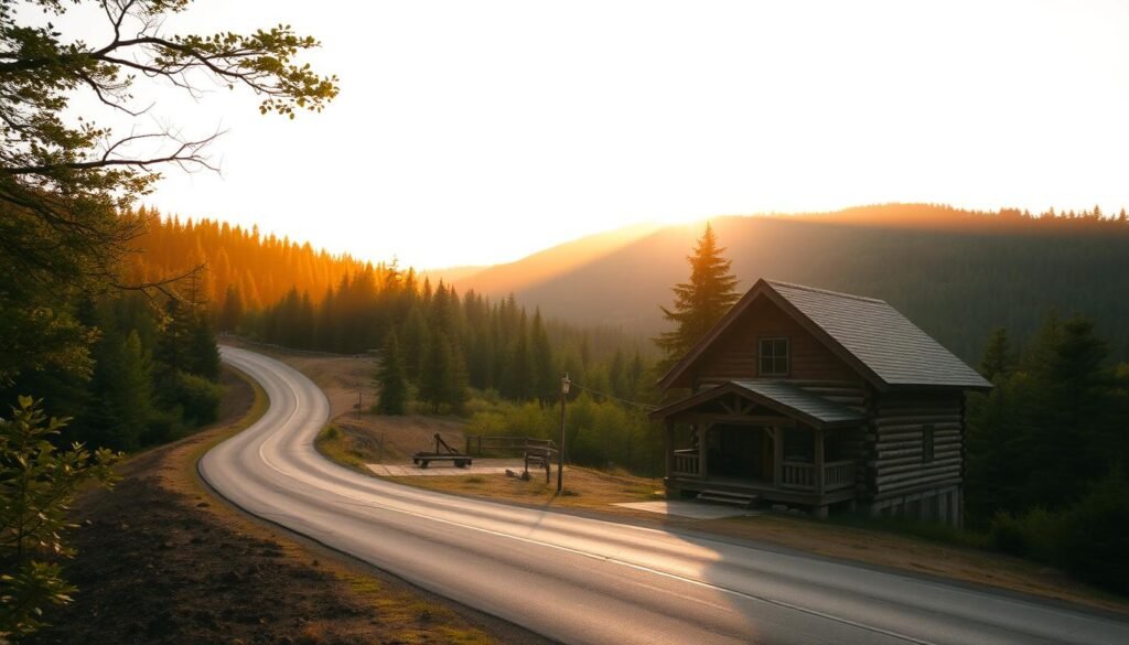 A serene landscape with a winding mountain road leading into the distance, flanked by lush, verdant forests. The warm, golden sunlight filters through the canopy, casting a soft, ambient glow over the scene. In the foreground, a quaint, rustic cabin nestled among the trees, its charming architecture and inviting porch beckoning the viewer to explore. The overall mood is one of tranquility and adventure, capturing the essence of a captivating travel documentary.