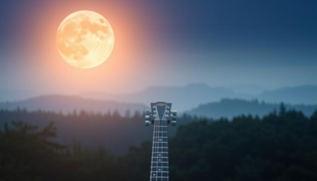 A serene, moonlit scene showcasing an assortment of acoustic guitar chords. The chords are positioned in the foreground, their intricate shapes and textures illuminated by a soft, natural lighting. In the middle ground, a guitar neck emerges, its fretboard and strings visible, hinting at the performance of these chords. The background is a tranquil, hazy landscape, perhaps a lush forest or a starry night sky, creating a calming, contemplative atmosphere. The composition is balanced and visually striking, inviting the viewer to explore the interplay of light, shadow, and the fundamental building blocks of guitar music.