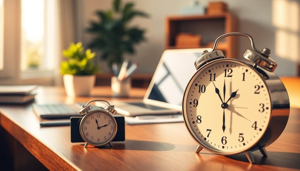 A serene office scene with a desk, laptop, and analog clock, all bathed in warm, natural lighting. The desk is neatly organized, with a potted plant and a pen holder, symbolizing productivity and efficiency. The analog clock in the foreground represents the importance of time management, while the laptop suggests the integration of technology in daily work. The overall atmosphere conveys a sense of focus, balance, and a harmonious blend of tradition and modernity, reflecting the theme of "Time Management, Productivity, and Energy Management in the Workplace". A serene office scene with a desk, laptop, and analog clock, all bathed in warm, natural lighting. The desk is neatly organized, with a potted plant and a pen holder, symbolizing productivity and efficiency. The analog clock in the foreground represents the importance of time management, while the laptop suggests the integration of technology in daily work. The overall atmosphere conveys a sense of focus, balance, and a harmonious blend of tradition and modernity, reflecting the theme of "Time Management, Productivity, and Energy Management in the Workplace".