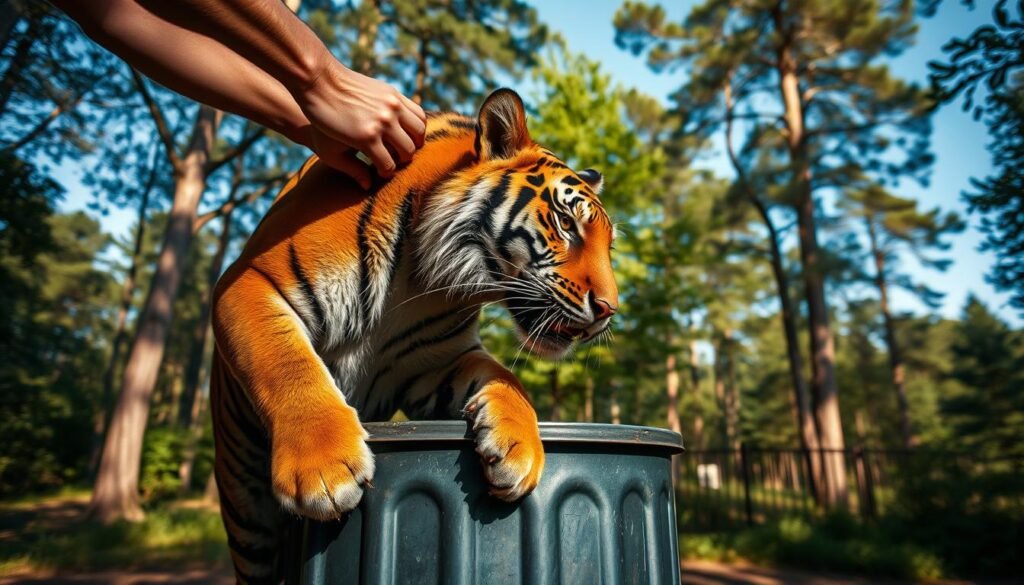 A serene outdoor scene featuring a person carefully maneuvering a tiger out of a metal garbage can. The foreground shows the person's hands gently lifting the tiger, its fierce eyes and powerful muscles conveyed with realism. The middle ground reveals the full body of the tiger, its orange and black striped coat glistening in the warm afternoon light. The background depicts a lush, verdant forest setting, with towering trees and a clear blue sky overhead, creating a sense of harmony and balance. The overall mood is one of tranquility and respect for the natural world, with the person's actions representing a thoughtful, considerate approach to interacting with wildlife. A serene outdoor scene featuring a person carefully maneuvering a tiger out of a metal garbage can. The foreground shows the person's hands gently lifting the tiger, its fierce eyes and powerful muscles conveyed with realism. The middle ground reveals the full body of the tiger, its orange and black striped coat glistening in the warm afternoon light. The background depicts a lush, verdant forest setting, with towering trees and a clear blue sky overhead, creating a sense of harmony and balance. The overall mood is one of tranquility and respect for the natural world, with the person's actions representing a thoughtful, considerate approach to interacting with wildlife.