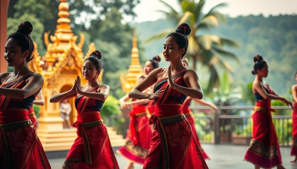 A serene scene of a traditional Thai dance performance, with graceful dancers in vibrant, ornate costumes moving in a synchronized harmony. The foreground features a group of female dancers, their fingers delicately curled and arms elegantly extended, executing intricate, mesmerizing movements. The middle ground showcases a backdrop of intricate Thai architectural elements, such as golden spires and ornate carvings, illuminated by warm, natural lighting. The background depicts a lush, tropical setting, with verdant foliage and a softly blurred horizon, creating a sense of depth and tranquility. The overall atmosphere evokes the rich cultural heritage and the captivating essence of Thai dance, a visual representation of the "ระบำไทย" tradition. A serene scene of a traditional Thai dance performance, with graceful dancers in vibrant, ornate costumes moving in a synchronized harmony. The foreground features a group of female dancers, their fingers delicately curled and arms elegantly extended, executing intricate, mesmerizing movements. The middle ground showcases a backdrop of intricate Thai architectural elements, such as golden spires and ornate carvings, illuminated by warm, natural lighting. The background depicts a lush, tropical setting, with verdant foliage and a softly blurred horizon, creating a sense of depth and tranquility. The overall atmosphere evokes the rich cultural heritage and the captivating essence of Thai dance, a visual representation of the "ระบำไทย" tradition.