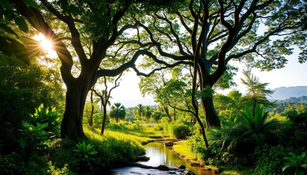 A serene tropical forest with lush, verdant foliage. Sunlight filters through the canopy, casting a warm, golden glow over the scene. In the foreground, a small stream flows gently, its clear waters reflecting the surrounding vegetation. Towering trees with twisted, gnarled trunks and branches reaching skyward dominate the middle ground, their leaves rustling softly in a gentle breeze. In the distance, the outline of rolling hills and distant mountains can be seen, creating a sense of depth and scale. The overall atmosphere is one of tranquility and natural beauty, inviting the viewer to immerse themselves in the serene wonder of this protected wildlife haven. A serene tropical forest with lush, verdant foliage. Sunlight filters through the canopy, casting a warm, golden glow over the scene. In the foreground, a small stream flows gently, its clear waters reflecting the surrounding vegetation. Towering trees with twisted, gnarled trunks and branches reaching skyward dominate the middle ground, their leaves rustling softly in a gentle breeze. In the distance, the outline of rolling hills and distant mountains can be seen, creating a sense of depth and scale. The overall atmosphere is one of tranquility and natural beauty, inviting the viewer to immerse themselves in the serene wonder of this protected wildlife haven.