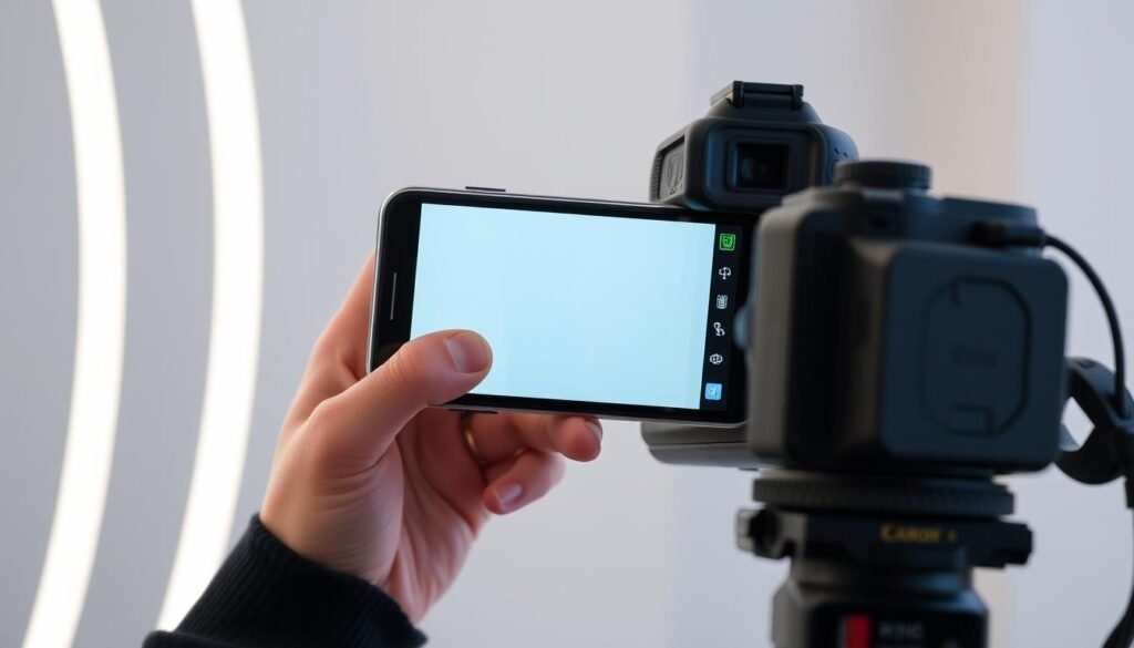 A smartphone screen being recorded with a high-quality digital camera. The phone is held in a natural, hand-held position, with the camera capturing the screen from a slightly elevated angle. The scene is well-lit, with soft, diffused lighting illuminating the screen and creating a clean, professional look. The background is slightly blurred, keeping the focus on the phone screen itself. The overall composition is balanced and visually appealing, showcasing the process of screen recording in a clear and informative manner.