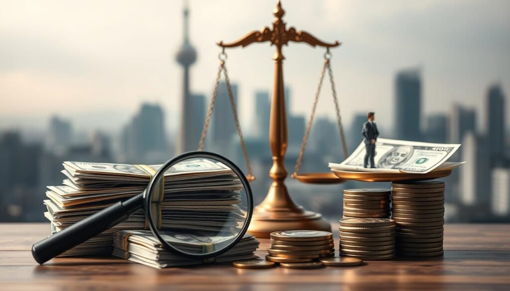 A sophisticated comparison of executive compensation, featuring a meticulously composed scene. In the foreground, a stack of bills and coins representing the salary of a high-ranking public official, with a magnifying glass scrutinizing the details. In the middle ground, a scale balancing the public servant's remuneration against the remuneration of a corporate CEO, illuminated by warm, directional lighting. In the background, a muted cityscape symbolizing the broader socioeconomic context. The overall mood is one of thoughtful analysis, inviting the viewer to ponder the nuances of public sector compensation.