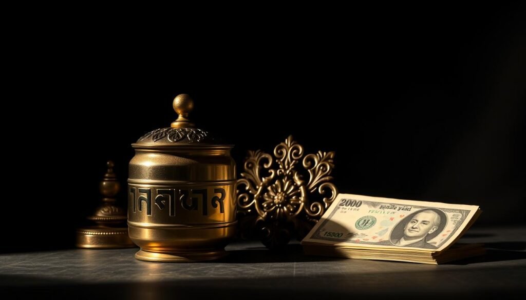 A sophisticated still life composition depicting a Thai "เสือตกถัง" (metal lottery container) and its associated symbols of prosperity - a stack of golden Thai baht banknotes and an ornate decorative element. The image is shot in a dramatic chiaroscuro lighting, casting deep shadows and highlights that accentuate the textures and materials. The foreground features the meticulously rendered lottery container, its surface reflecting the light. In the middle ground, the carefully arranged stack of money conveys a sense of wealth and good fortune. The background is shrouded in a moody, atmospheric darkness, drawing the viewer's focus to the central subject. The overall mood is one of reverence, mystique, and the allure of financial abundance. A sophisticated still life composition depicting a Thai "เสือตกถัง" (metal lottery container) and its associated symbols of prosperity - a stack of golden Thai baht banknotes and an ornate decorative element. The image is shot in a dramatic chiaroscuro lighting, casting deep shadows and highlights that accentuate the textures and materials. The foreground features the meticulously rendered lottery container, its surface reflecting the light. In the middle ground, the carefully arranged stack of money conveys a sense of wealth and good fortune. The background is shrouded in a moody, atmospheric darkness, drawing the viewer's focus to the central subject. The overall mood is one of reverence, mystique, and the allure of financial abundance.