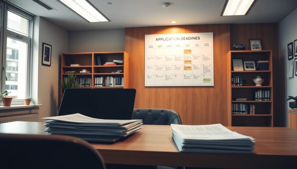 A spacious, well-lit office interior with a desk, laptop, and stack of documents in the foreground. The middle ground features a large wall-mounted calendar, showcasing upcoming application deadlines and program details. In the background, bookshelves and academic certificates create an atmosphere of educational diligence. Soft, directional lighting illuminates the scene, casting subtle shadows and highlighting the key elements. The overall composition conveys a sense of organized planning and thoughtful academic exploration. A spacious, well-lit office interior with a desk, laptop, and stack of documents in the foreground. The middle ground features a large wall-mounted calendar, showcasing upcoming application deadlines and program details. In the background, bookshelves and academic certificates create an atmosphere of educational diligence. Soft, directional lighting illuminates the scene, casting subtle shadows and highlighting the key elements. The overall composition conveys a sense of organized planning and thoughtful academic exploration.