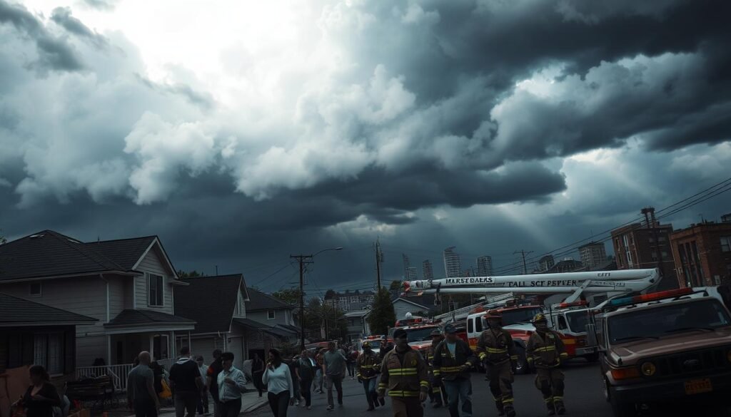 A storm cloud looms over a cityscape, casting ominous shadows on the streets below. In the foreground, a group of people hurry to secure their homes, boarding up windows and stocking up on supplies. The middle ground features a team of emergency responders coordinating their efforts, their faces etched with determination. In the background, a fleet of utility trucks and emergency vehicles stand ready to spring into action. The lighting is dramatic, with shafts of light piercing through the dark clouds, conveying a sense of urgency and the need for immediate action. The overall mood is one of preparedness and resilience in the face of an impending natural disaster. A storm cloud looms over a cityscape, casting ominous shadows on the streets below. In the foreground, a group of people hurry to secure their homes, boarding up windows and stocking up on supplies. The middle ground features a team of emergency responders coordinating their efforts, their faces etched with determination. In the background, a fleet of utility trucks and emergency vehicles stand ready to spring into action. The lighting is dramatic, with shafts of light piercing through the dark clouds, conveying a sense of urgency and the need for immediate action. The overall mood is one of preparedness and resilience in the face of an impending natural disaster.