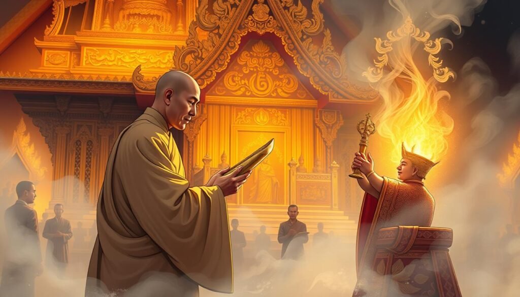 A stunning, intricate illustration of the sacred and powerful "Songkran Khongkharphan" ritual, depicting a revered Buddhist monk or spiritual leader performing the ritual with reverence and grace. The foreground shows the monk in a flowing, ornate robe, his expression serene and meditative, as he holds a sacred ceremonial object. The middle ground features a backdrop of ornate Thai architecture, with intricate carvings and gilded details, conveying a sense of timeless tradition. The background is shrouded in a soft, warm light, creating an atmosphere of reverence and mysticism. The entire scene is imbued with a sense of profound spirituality and the enduring power of faith and belief. A stunning, intricate illustration of the sacred and powerful "Songkran Khongkharphan" ritual, depicting a revered Buddhist monk or spiritual leader performing the ritual with reverence and grace. The foreground shows the monk in a flowing, ornate robe, his expression serene and meditative, as he holds a sacred ceremonial object. The middle ground features a backdrop of ornate Thai architecture, with intricate carvings and gilded details, conveying a sense of timeless tradition. The background is shrouded in a soft, warm light, creating an atmosphere of reverence and mysticism. The entire scene is imbued with a sense of profound spirituality and the enduring power of faith and belief.