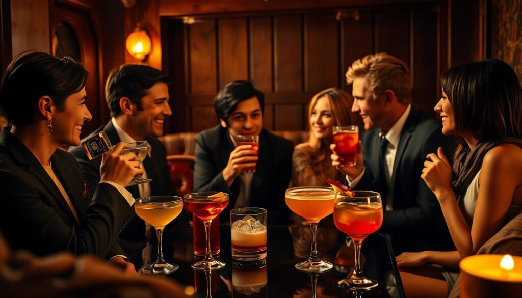 A stylish and intimate gathering of friends, sipping on their favorite beverages and engaging in lively conversation. The scene is set with a warm, cozy ambiance, perhaps in a dimly lit bar or a private lounge. Soft lighting casts a golden glow, creating a sense of intimacy and relaxation. In the foreground, a group of well-dressed individuals are gathered around a table, their faces animated as they share stories and laughter. The middle ground features a selection of classic cocktails, their vibrant colors and intricate garnishes adding a touch of sophistication. In the background, a hint of the surrounding environment, such as rustic wooden panels or plush seating, complements the overall atmosphere. This image captures the essence of a captivating "CapChun Party" – a gathering of close-knit companions indulging in the pleasures of good company and exceptional drinks.