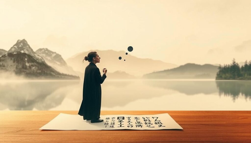 A thoughtful, elegant person contemplates the nuanced art of using words skillfully. Intricate calligraphic brushstrokes flow across a paper surface, as the figure ponders the balance between expressive language and responsible speech. Warm, ambient lighting casts a contemplative glow, while a backdrop of serene natural forms - mountains, forests, a calm lake - suggest the tranquility that can arise from mastering the power of words. The overall scene conveys a sense of focused mindfulness, where creativity and consciousness intertwine. A thoughtful, elegant person contemplates the nuanced art of using words skillfully. Intricate calligraphic brushstrokes flow across a paper surface, as the figure ponders the balance between expressive language and responsible speech. Warm, ambient lighting casts a contemplative glow, while a backdrop of serene natural forms - mountains, forests, a calm lake - suggest the tranquility that can arise from mastering the power of words. The overall scene conveys a sense of focused mindfulness, where creativity and consciousness intertwine.