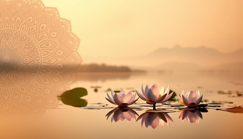 A tranquil, ethereal scene depicting the essence of Thai idioms and expressions. In the foreground, an intricate mandala-like pattern swirls with vibrant hues, symbolizing the depth and complexity of Thai language and culture. In the middle ground, delicate lotus blossoms float upon a serene lake, their petals unfurling to reveal the hidden meaning within. The background features a soft, hazy landscape with distant mountains, evoking a sense of contemplation and wisdom. Warm, diffused lighting casts a golden glow, lending an air of timelessness and reverence to the scene. The overall composition conveys the rich emotional and conceptual nuances inherent in Thai idiomatic expressions. A tranquil, ethereal scene depicting the essence of Thai idioms and expressions. In the foreground, an intricate mandala-like pattern swirls with vibrant hues, symbolizing the depth and complexity of Thai language and culture. In the middle ground, delicate lotus blossoms float upon a serene lake, their petals unfurling to reveal the hidden meaning within. The background features a soft, hazy landscape with distant mountains, evoking a sense of contemplation and wisdom. Warm, diffused lighting casts a golden glow, lending an air of timelessness and reverence to the scene. The overall composition conveys the rich emotional and conceptual nuances inherent in Thai idiomatic expressions.