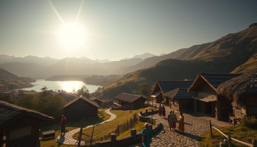 A tranquil scene of a small village nestled amidst lush, rolling hills. The sun casts a warm, golden glow over the traditional thatched-roof houses and winding cobblestone paths. In the foreground, a group of locals engage in everyday activities, their vibrant traditional garments adding color and character to the tableau. In the middle ground, a serene lake reflects the surrounding natural beauty, while in the distance, majestic mountains rise up, their peaks capped with snow. The overall atmosphere evokes a sense of timeless, authentic cultural immersion, inviting the viewer to explore and discover the wonders of this captivating travel documentary setting. A tranquil scene of a small village nestled amidst lush, rolling hills. The sun casts a warm, golden glow over the traditional thatched-roof houses and winding cobblestone paths. In the foreground, a group of locals engage in everyday activities, their vibrant traditional garments adding color and character to the tableau. In the middle ground, a serene lake reflects the surrounding natural beauty, while in the distance, majestic mountains rise up, their peaks capped with snow. The overall atmosphere evokes a sense of timeless, authentic cultural immersion, inviting the viewer to explore and discover the wonders of this captivating travel documentary setting.