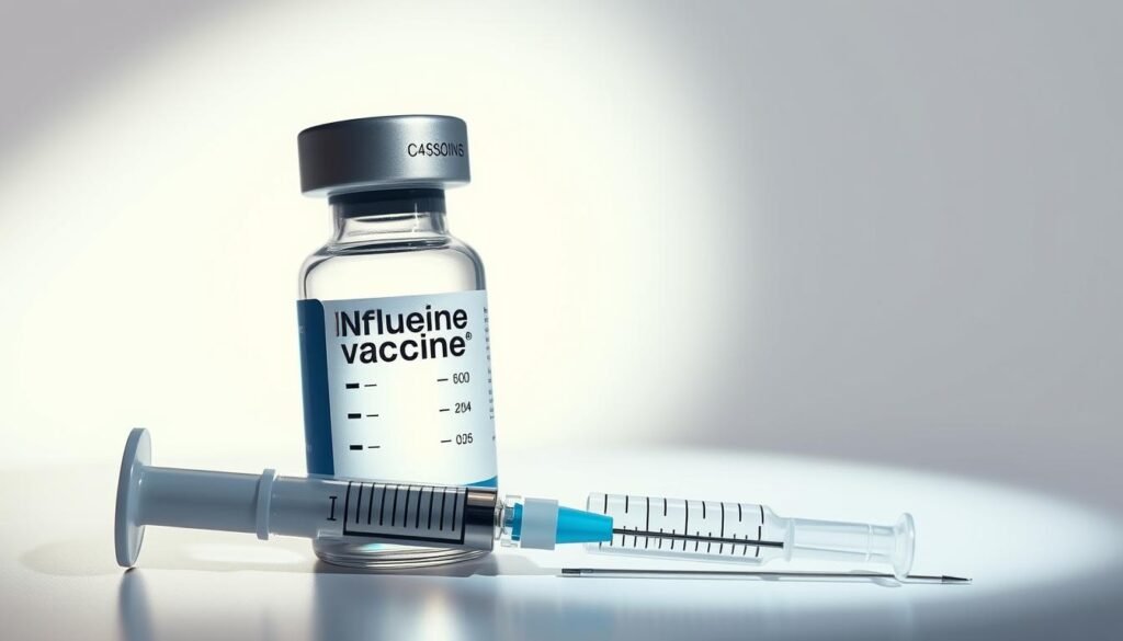 A vibrant and detailed illustration of an influenza vaccine, showcasing a glass vial filled with a clear liquid against a clean, sterile background. The vial is illuminated by soft, diffused lighting, casting gentle shadows and highlighting the fluid's translucent quality. The syringe, with a sharp, stainless steel needle, is positioned alongside the vial, ready for administration. The overall composition conveys a sense of professionalism, medical precision, and the importance of childhood vaccination, aligning with the section title "วัคซีน เด็ก 4 ขวบ ที่แนะนำตามช่วงอายุ". A vibrant and detailed illustration of an influenza vaccine, showcasing a glass vial filled with a clear liquid against a clean, sterile background. The vial is illuminated by soft, diffused lighting, casting gentle shadows and highlighting the fluid's translucent quality. The syringe, with a sharp, stainless steel needle, is positioned alongside the vial, ready for administration. The overall composition conveys a sense of professionalism, medical precision, and the importance of childhood vaccination, aligning with the section title "วัคซีน เด็ก 4 ขวบ ที่แนะนำตามช่วงอายุ".