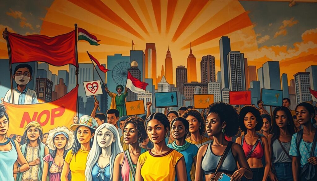 A vibrant artistic mural depicting societal progress and activism. In the foreground, a diverse group of figures stand united, their expressions conveying determination and hope. The middle ground showcases symbolic imagery of social change, such as protest banners, linked hands, and transformative technologies. The background features a cityscape with towering buildings, suggesting the scale and impact of the movement. Warm lighting casts a radiant glow, amplifying the sense of energy and momentum. Rendered with a painterly, expressive style that captures the dynamism of the scene. A vibrant artistic mural depicting societal progress and activism. In the foreground, a diverse group of figures stand united, their expressions conveying determination and hope. The middle ground showcases symbolic imagery of social change, such as protest banners, linked hands, and transformative technologies. The background features a cityscape with towering buildings, suggesting the scale and impact of the movement. Warm lighting casts a radiant glow, amplifying the sense of energy and momentum. Rendered with a painterly, expressive style that captures the dynamism of the scene.