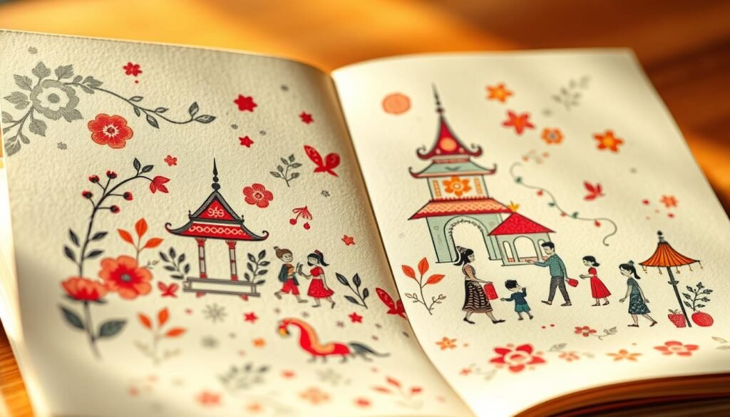 A vibrant, hand-drawn flipbook in a vintage aesthetic, showcasing a sequence of animated illustrations that seamlessly transition from one frame to the next. The flipbook pages are made of high-quality, off-white paper with a slightly worn texture, creating a nostalgic and tactile feel. The illustrations depict a whimsical, Thai-inspired scene, featuring intricate floral patterns, traditional Thai architectural elements, and playful silhouettes of people engaged in everyday activities. The lighting is warm and natural, casting soft shadows that add depth and dimension to the artwork. The camera angle is slightly angled, capturing the flipbook in a dynamic, three-dimensional perspective that invites the viewer to interact with the engaging and educational content. A vibrant, hand-drawn flipbook in a vintage aesthetic, showcasing a sequence of animated illustrations that seamlessly transition from one frame to the next. The flipbook pages are made of high-quality, off-white paper with a slightly worn texture, creating a nostalgic and tactile feel. The illustrations depict a whimsical, Thai-inspired scene, featuring intricate floral patterns, traditional Thai architectural elements, and playful silhouettes of people engaged in everyday activities. The lighting is warm and natural, casting soft shadows that add depth and dimension to the artwork. The camera angle is slightly angled, capturing the flipbook in a dynamic, three-dimensional perspective that invites the viewer to interact with the engaging and educational content.