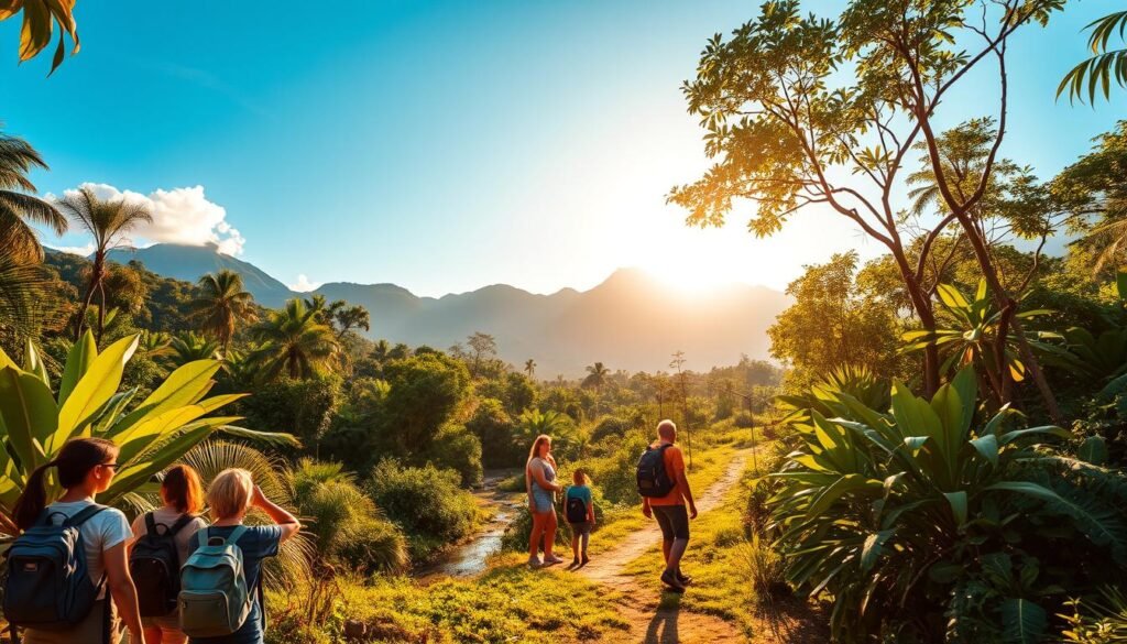 A vibrant landscape of a sustainable ecotourism destination, showcasing lush tropical foliage, meandering streams, and diverse local wildlife. The scene is bathed in warm, golden sunlight, creating a serene and inviting atmosphere. In the foreground, a group of responsible travelers explore the natural surroundings, carefully observing and interacting with the environment. The middle ground features a well-maintained hiking trail leading deeper into the verdant forest, while the background is dominated by towering mountains and a clear, azure sky. The overall composition conveys a sense of harmony between human activities and the preservation of the natural ecosystem. A vibrant landscape of a sustainable ecotourism destination, showcasing lush tropical foliage, meandering streams, and diverse local wildlife. The scene is bathed in warm, golden sunlight, creating a serene and inviting atmosphere. In the foreground, a group of responsible travelers explore the natural surroundings, carefully observing and interacting with the environment. The middle ground features a well-maintained hiking trail leading deeper into the verdant forest, while the background is dominated by towering mountains and a clear, azure sky. The overall composition conveys a sense of harmony between human activities and the preservation of the natural ecosystem.