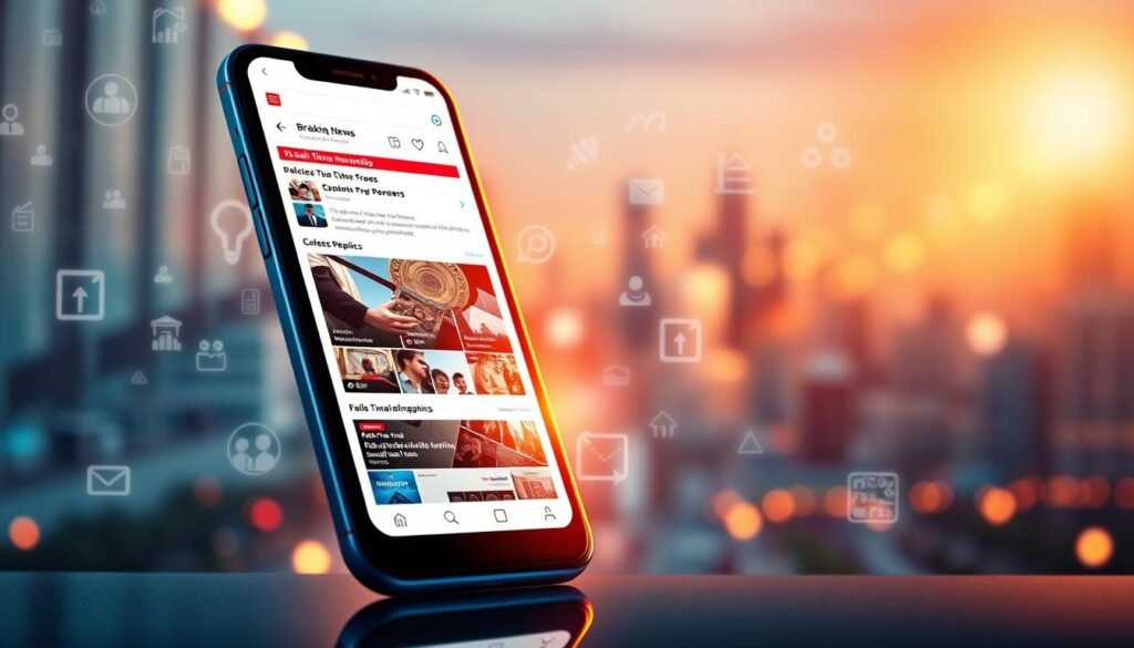 A vibrant, modern social media landscape with a captivating real-time news feed. In the foreground, a sleek smartphone display showcases a dynamic feed of breaking news updates, social media posts, and engaging infographics. The middle ground features a backdrop of stylized icons, graphs, and data visualizations, conveying the rapid flow of information in the digital age. In the background, a softly blurred cityscape sets the scene, suggesting the ubiquity of digital connectivity. The lighting is warm and inviting, creating a sense of immediacy and engagement. The overall composition reflects the fast-paced, immersive nature of real-time social media news consumption.