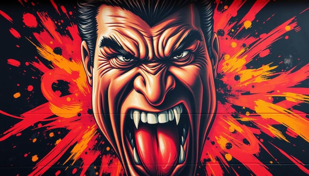 A vibrant mural depicting a fiery expression of "ด่า โดนใจ" (Swearing with impact). In the foreground, a larger-than-life face dominates the frame, the features contorted in a scathing scowl, brows furrowed, eyes narrowed with intensity. The skin has a weathered, textured quality, hinting at a hardened, no-nonsense demeanor. The mouth is wide open, mid-expletive, the tongue visible, conveying a sense of unbridled, unapologetic verbal assault. Surrounding the central face, a dynamic swirl of bold, expressive brushstrokes in a vivid palette of reds, oranges, and yellows, creating an atmosphere of heat, passion, and uncompromising force. The background is a deep, inky blackness, allowing the fiery foreground to truly stand out and command attention. The lighting is dramatic, casting dramatic shadows and highlights that accentuate the raw emotion of the scene. A vibrant mural depicting a fiery expression of "ด่า โดนใจ" (Swearing with impact). In the foreground, a larger-than-life face dominates the frame, the features contorted in a scathing scowl, brows furrowed, eyes narrowed with intensity. The skin has a weathered, textured quality, hinting at a hardened, no-nonsense demeanor. The mouth is wide open, mid-expletive, the tongue visible, conveying a sense of unbridled, unapologetic verbal assault. Surrounding the central face, a dynamic swirl of bold, expressive brushstrokes in a vivid palette of reds, oranges, and yellows, creating an atmosphere of heat, passion, and uncompromising force. The background is a deep, inky blackness, allowing the fiery foreground to truly stand out and command attention. The lighting is dramatic, casting dramatic shadows and highlights that accentuate the raw emotion of the scene.