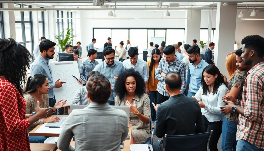 A vibrant scene of diverse individuals immersed in a collaborative, creative environment. In the foreground, groups of people engage in lively discussions, gesturing animatedly as they explore new ideas. The middle ground features a mix of formal and informal workspaces, with people working on laptops, sketching on whiteboards, and huddled around brainstorming sessions. The background showcases an open, airy office space with large windows, natural light filtering in, and a modern, minimalist aesthetic. The overall atmosphere conveys a sense of energy, innovation, and a culture that embraces transformation and adaptability. A vibrant scene of diverse individuals immersed in a collaborative, creative environment. In the foreground, groups of people engage in lively discussions, gesturing animatedly as they explore new ideas. The middle ground features a mix of formal and informal workspaces, with people working on laptops, sketching on whiteboards, and huddled around brainstorming sessions. The background showcases an open, airy office space with large windows, natural light filtering in, and a modern, minimalist aesthetic. The overall atmosphere conveys a sense of energy, innovation, and a culture that embraces transformation and adaptability.