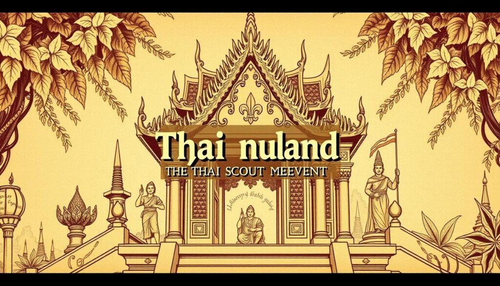 A vintage-style illustration of the Scout motto or slogan of the Thai Scout Movement, captured in a warm, sepia-toned palette. The text should be prominently displayed in the center, with a detailed background featuring traditional Thai architectural elements, such as intricate carvings, golden spires, and lush foliage. The composition should convey a sense of timeless wisdom, adventure, and a strong connection to Thailand's cultural heritage. A vintage-style illustration of the Scout motto or slogan of the Thai Scout Movement, captured in a warm, sepia-toned palette. The text should be prominently displayed in the center, with a detailed background featuring traditional Thai architectural elements, such as intricate carvings, golden spires, and lush foliage. The composition should convey a sense of timeless wisdom, adventure, and a strong connection to Thailand's cultural heritage.