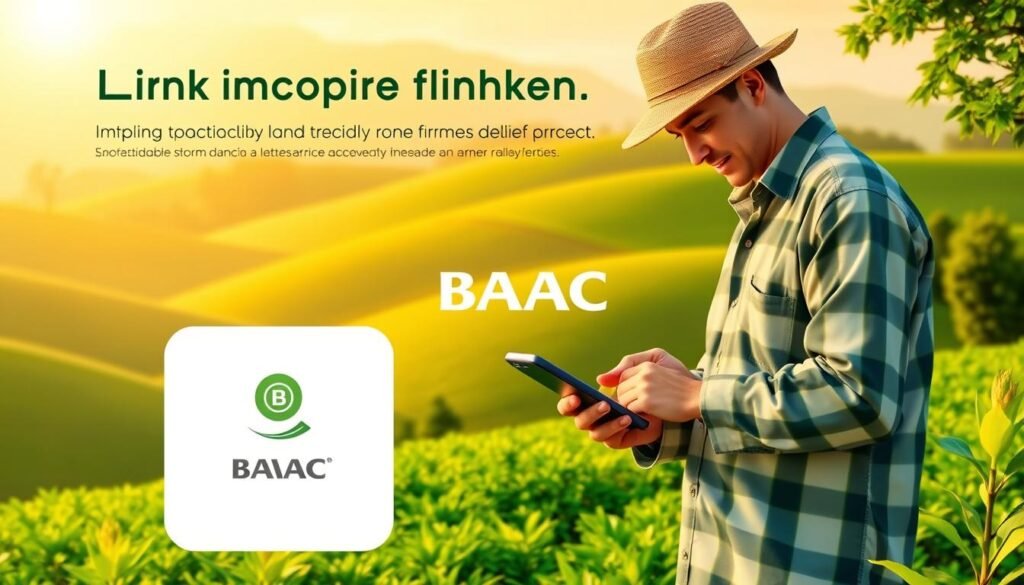 A visually striking illustration of the process of linking a BAAC (Bank for Agriculture and Agricultural Cooperatives) account. Set in a serene, lush green landscape, the foreground depicts a farmer diligently interacting with a smartphone, navigating the account linking interface. The middle ground showcases the BAAC logo and branding, subtly integrated into the scene. The background features rolling hills, vibrant foliage, and a warm, golden-hour lighting that imbues the image with a sense of tranquility and prosperity. The overall composition conveys the seamless integration of modern banking technology with the traditional agricultural way of life, reflecting the subject's theme of readiness and accessibility for farmer relief efforts. A visually striking illustration of the process of linking a BAAC (Bank for Agriculture and Agricultural Cooperatives) account. Set in a serene, lush green landscape, the foreground depicts a farmer diligently interacting with a smartphone, navigating the account linking interface. The middle ground showcases the BAAC logo and branding, subtly integrated into the scene. The background features rolling hills, vibrant foliage, and a warm, golden-hour lighting that imbues the image with a sense of tranquility and prosperity. The overall composition conveys the seamless integration of modern banking technology with the traditional agricultural way of life, reflecting the subject's theme of readiness and accessibility for farmer relief efforts.