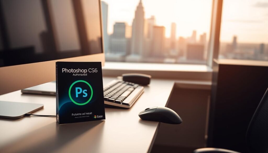 A well-lit, clean, and organized workspace with a desktop computer, keyboard, and mouse. In the foreground, a software package labeled "Photoshop CS6" sits on the desk, surrounded by a green circle to signify a safe and authorized download. The background features a city skyline with tall buildings, suggesting a professional environment. The lighting is warm and inviting, creating a sense of security and trustworthiness. The overall composition conveys a safe and responsible way to obtain and install the software, in line with the article's subject and section title.