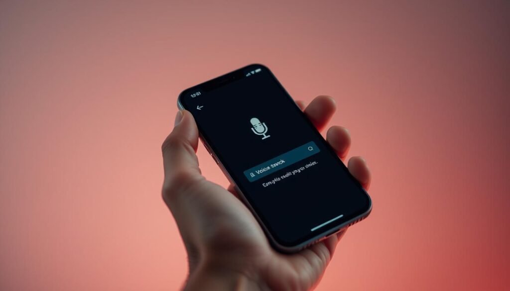 A well-lit, close-up view of a person's hand holding a modern smartphone against a blurred, gradient background. The smartphone's screen displays a voice search interface, with a microphone icon and text prompt inviting the user to speak. The lighting is soft and natural, creating a sense of focus and clarity on the device. The overall composition emphasizes the seamless integration of voice technology into everyday mobile interactions, conveying a streamlined, intuitive user experience. A well-lit, close-up view of a person's hand holding a modern smartphone against a blurred, gradient background. The smartphone's screen displays a voice search interface, with a microphone icon and text prompt inviting the user to speak. The lighting is soft and natural, creating a sense of focus and clarity on the device. The overall composition emphasizes the seamless integration of voice technology into everyday mobile interactions, conveying a streamlined, intuitive user experience.