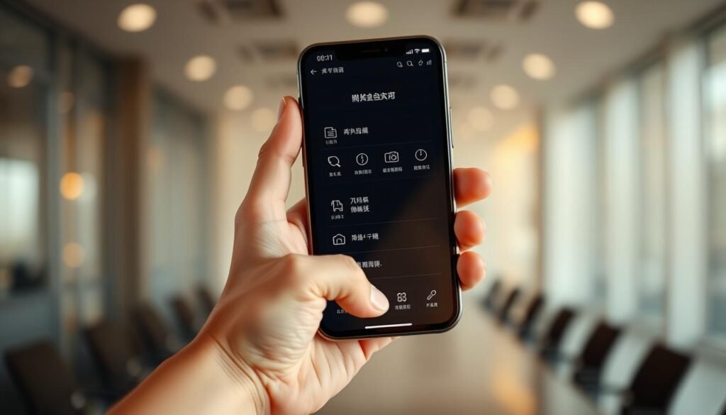 A well-lit, symmetrical image of a hand holding a smartphone, displaying a simple yet elegant directory interface. The screen showcases various icons and menu options, conveying a sense of accessibility and intuitive navigation. The smartphone is positioned in the foreground, with a soft, blurred background that suggests a professional, corporate setting. The lighting is warm and natural, creating a calming and inviting atmosphere. The overall composition and attention to detail should effectively convey the concept of "استخدام" (usage) in the context of the article's subject and section title. A well-lit, symmetrical image of a hand holding a smartphone, displaying a simple yet elegant directory interface. The screen showcases various icons and menu options, conveying a sense of accessibility and intuitive navigation. The smartphone is positioned in the foreground, with a soft, blurred background that suggests a professional, corporate setting. The lighting is warm and natural, creating a calming and inviting atmosphere. The overall composition and attention to detail should effectively convey the concept of "استخدام" (usage) in the context of the article's subject and section title.