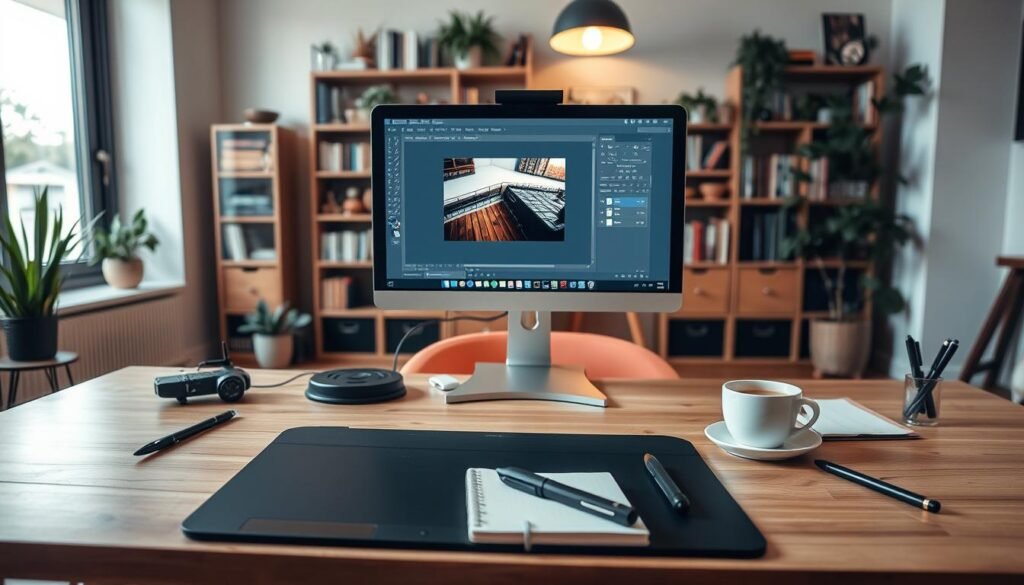 A workspace for a beginner Photoshop user, with a clean and organized desktop environment. In the foreground, a modern computer monitor displays the Photoshop CS6 interface, showcasing basic tools and palettes. On the desk, a professional-grade graphics tablet and stylus are placed, ready for precise image editing. The middle ground features neatly arranged stationery, including a notebook, pens, and a cup of coffee, creating a productive and focused atmosphere. The background depicts a warm, cozy home office setting, with bookshelves, potted plants, and natural lighting filtering through large windows, conveying a sense of comfort and creativity.