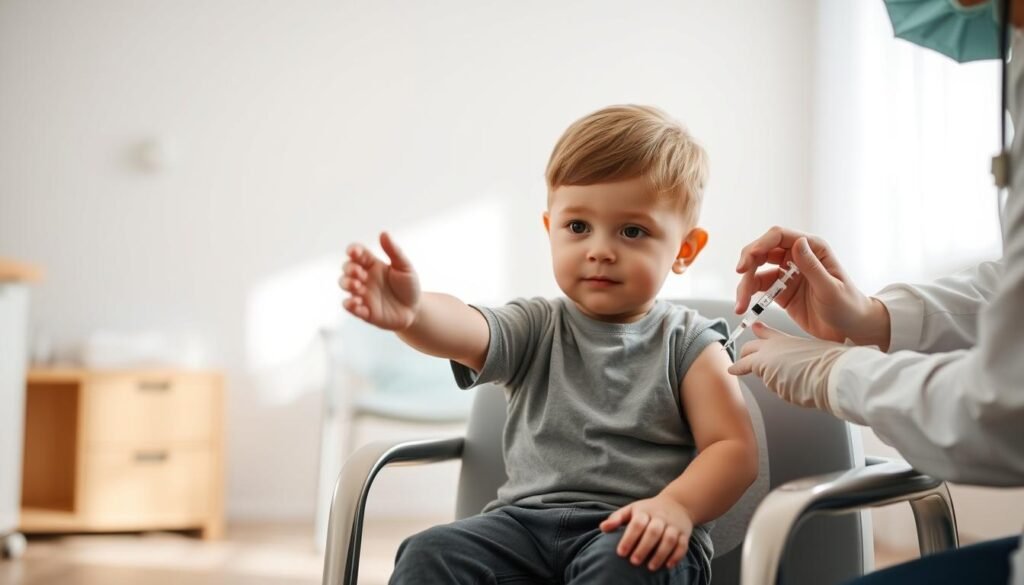 A young child sitting calmly on a chair, their arm extended as a healthcare professional gently administers a vaccine. The scene is bathed in soft, natural lighting, creating a soothing and reassuring atmosphere. The child's facial expression conveys a mix of apprehension and trust, while the healthcare professional's gentle demeanor and focused attention put the child at ease. The background features a clean, inviting medical setting, with subtle details that reinforce the theme of healthcare and well-being. The overall composition and attention to emotional nuance capture the delicate experience of preparing for and receiving a vaccine, a crucial step in the child's health and development. A young child sitting calmly on a chair, their arm extended as a healthcare professional gently administers a vaccine. The scene is bathed in soft, natural lighting, creating a soothing and reassuring atmosphere. The child's facial expression conveys a mix of apprehension and trust, while the healthcare professional's gentle demeanor and focused attention put the child at ease. The background features a clean, inviting medical setting, with subtle details that reinforce the theme of healthcare and well-being. The overall composition and attention to emotional nuance capture the delicate experience of preparing for and receiving a vaccine, a crucial step in the child's health and development.