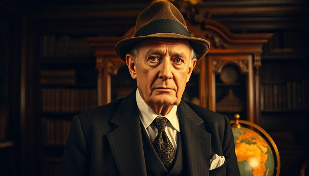 Elderly gentleman in a dark suit, tie, and porkpie hat, standing in front of an ornate wooden desk with a globe on it. His expression is serious and contemplative, as if deep in thought. Warm, golden lighting illuminates his face, creating a sense of nostalgia and authority. The background is a dimly lit study or library, with bookshelves and antique furnishings visible. The overall atmosphere evokes a sense of historical significance and the pioneering spirit of early 20th century travel and exploration, befitting the legacy of Burton Holmes, the renowned travelogue lecturer. Elderly gentleman in a dark suit, tie, and porkpie hat, standing in front of an ornate wooden desk with a globe on it. His expression is serious and contemplative, as if deep in thought. Warm, golden lighting illuminates his face, creating a sense of nostalgia and authority. The background is a dimly lit study or library, with bookshelves and antique furnishings visible. The overall atmosphere evokes a sense of historical significance and the pioneering spirit of early 20th century travel and exploration, befitting the legacy of Burton Holmes, the renowned travelogue lecturer.