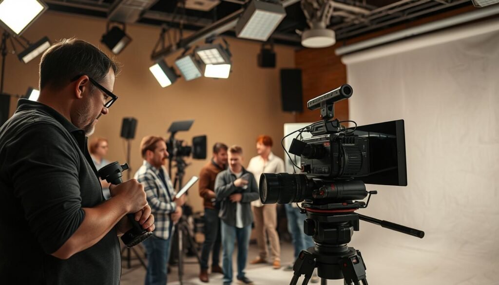 Intricate production techniques in a professional documentary setting. A well-lit, high-quality studio with modern filming equipment, including a camera on a steady tripod, overhead lighting fixtures, and a backdrop with subtle textures. In the foreground, a director or cinematographer meticulously adjusts the camera settings, capturing the essence of the scene. The middle ground features a crew member operating sound equipment, ensuring perfect audio quality. In the background, a team of producers and researchers collaborate, deep in discussion, their expressions conveying the intellectual rigor behind the production. The overall atmosphere is one of focused professionalism, where every element of the process is carefully considered to deliver a high-caliber documentary. Intricate production techniques in a professional documentary setting. A well-lit, high-quality studio with modern filming equipment, including a camera on a steady tripod, overhead lighting fixtures, and a backdrop with subtle textures. In the foreground, a director or cinematographer meticulously adjusts the camera settings, capturing the essence of the scene. The middle ground features a crew member operating sound equipment, ensuring perfect audio quality. In the background, a team of producers and researchers collaborate, deep in discussion, their expressions conveying the intellectual rigor behind the production. The overall atmosphere is one of focused professionalism, where every element of the process is carefully considered to deliver a high-caliber documentary.