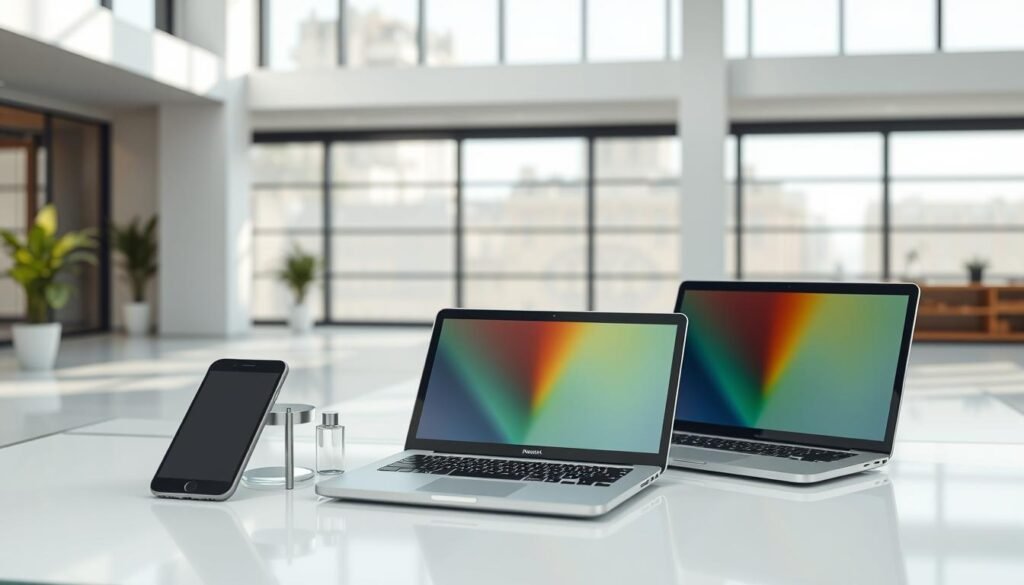 a photorealistic image of various electronic devices including a smartphone, laptop, and tablet, displayed on a modern minimalist desk with sleek metal and glass surfaces, against a backdrop of a clean, bright, and airy interior with large windows allowing natural light to filter in, creating a sense of openness and connectivity, reflecting the compatibility and integration of these devices with different operating systems