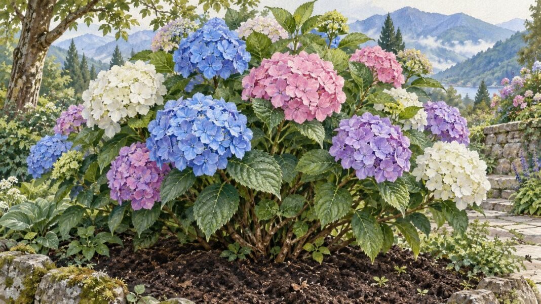 ช่อดอกไฮเดรนเยียสีฟ้า ชมพู และม่วง ประกอบคำอธิบายความหมายของดอกไฮเดรนเยียแต่ละสี