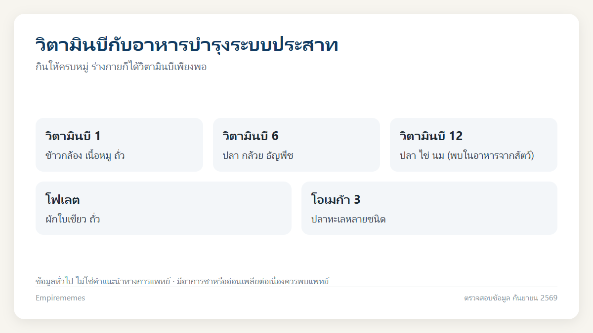 อินโฟกราฟิกสรุป อาหารประเภทใดช่วยเสริมสร้างการทำงานของระบบประสาท คำตอบคือวิตามินบีรวม