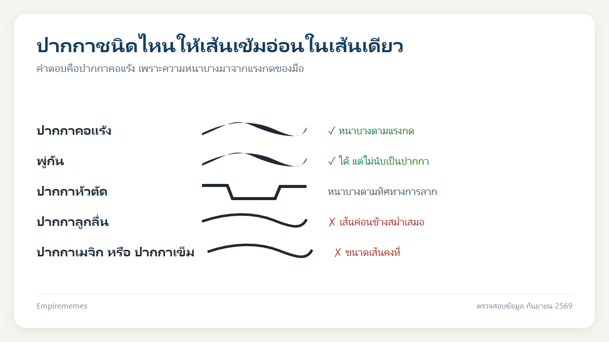 อินโฟกราฟิกสรุป เส้นของปากกาชนิดใดที่มีน้ำหนักเข้มอ่อนอยู่ในเส้นเดียวกัน? ตอบ ปากกาคอแร้ง
