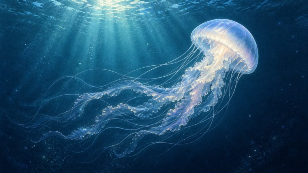 แมงกะพรุนตัวใสลอยอยู่กลางทะเลสีน้ำเงิน ภาพประกอบบทความความหมายของแมงกะพรุนทั้งเชิงชีววิทยาและสัญลักษณ์
