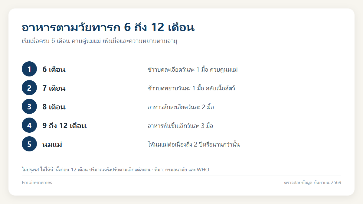 อินโฟกราฟิกสรุป อาหารตามวัยทารกเริ่มกี่เดือน ตารางอาหาร 6 ถึง 12 เดือนตามกรมอนามัย