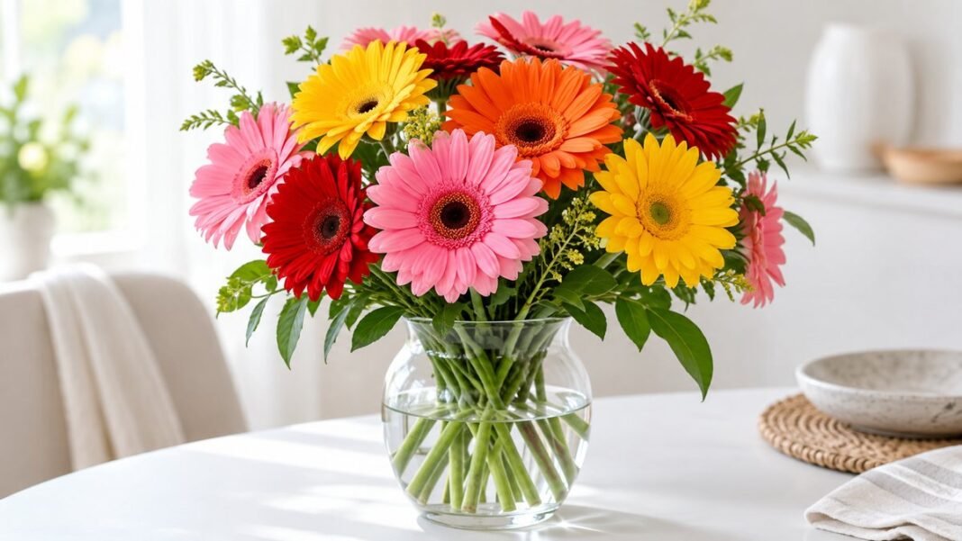 ดอกเยอบีร่าหลายสี แดง ชมพู เหลือง ส้ม และขาว ปักอยู่ในแจกันแก้วน้ำตื้นบนโต๊ะไม้ข้างหน้าต่าง