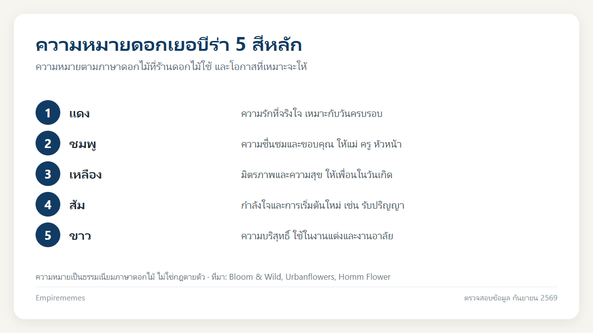 อินโฟกราฟิกสรุป ดอกเยอบีร่า ความหมาย แต่ละสี ควรให้ใคร และวิธีดูแลในแจกันให้อยู่นาน