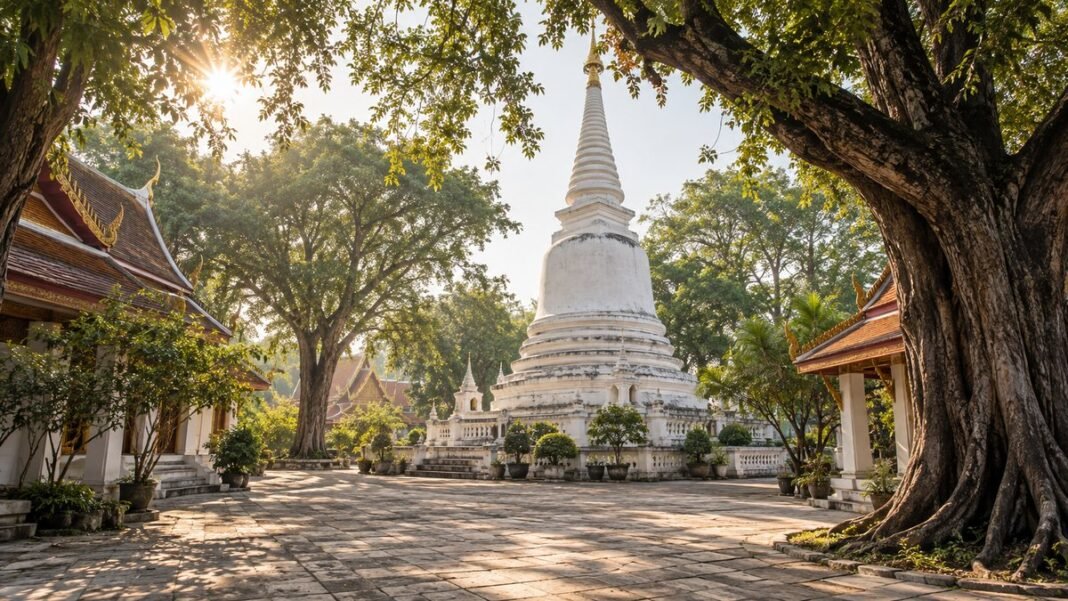 หลวงพ่อกวย วัดโฆสิตาราม ชัยนาท บรรยากาศลานวัดชนบทภาคกลางที่มีอุโบสถและต้นไม้ร่มรื่นยามเช้า