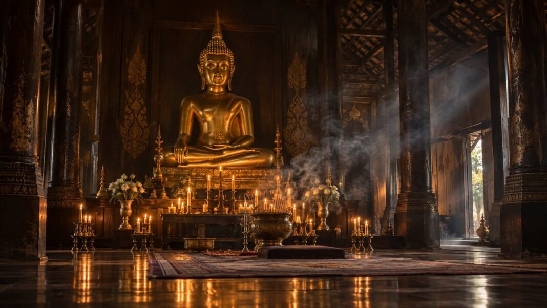 หลวงพ่อสำเร็จศักดิ์สิทธิ์ พระพุทธรูปในวิหารริมคลองระพีพัฒน์ อำเภอหนองแค จังหวัดสระบุรี มีดอกไม้บูชาวางอยู่ด้านหน้า