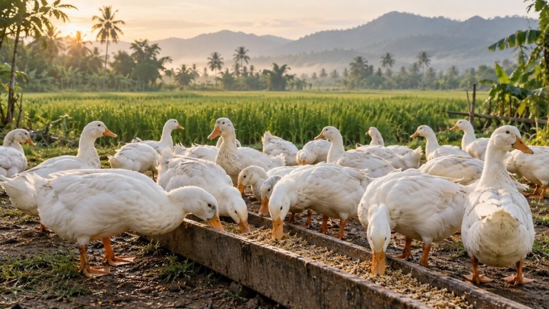 สูตรอาหารเป็ดไข่ วัตถุดิบปลายข้าว รำละเอียด กากถั่วเหลือง และเปลือกหอยป่นวางข้างรางอาหารของฝูงเป็ดไข่สีกากี