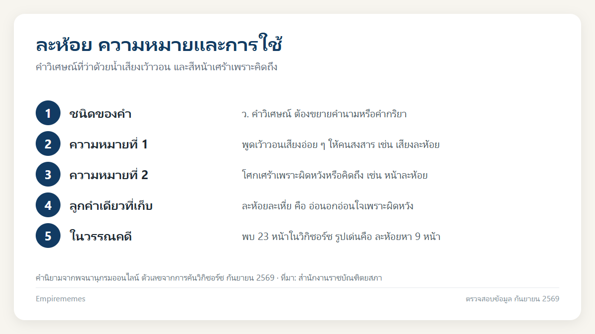 ละห้อย ความหมายตามพจนานุกรมราชบัณฑิตยสถาน พร้อมตัวอย่างและคำใกล้เคียง อินโฟกราฟิกสรุป ละห้อย ความหมายตามพจนานุกรมราชบัณฑิตยสถาน พร้อมตัวอย่างและคำใกล้เคียง