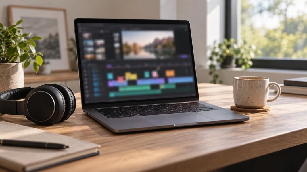 CapCut PC โหลดที่ไหน ใช้ฟรีไหม สเปคขั้นต่ำและวิธีตั้งค่าส่งออก CapCut PC โน้ตบุ๊กวางบนโต๊ะทำงานแสดงไทม์ไลน์ตัดต่อวิดีโอที่มีคลิปหลายสี พร้อมหูฟังและแก้วกาแฟวางอยู่ข้าง ๆ