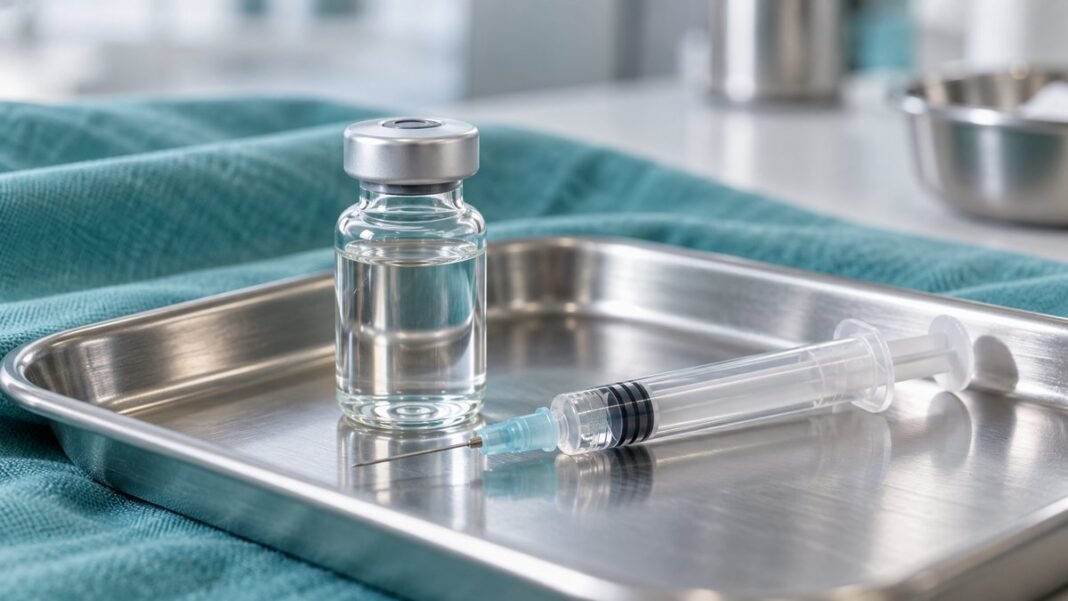ขวดวัคซีน HPV และเข็มฉีดยาที่เตรียมไว้บนถาดสแตนเลสปูผ้าสีเขียวน้ำทะเลในห้องฉีดวัคซีน