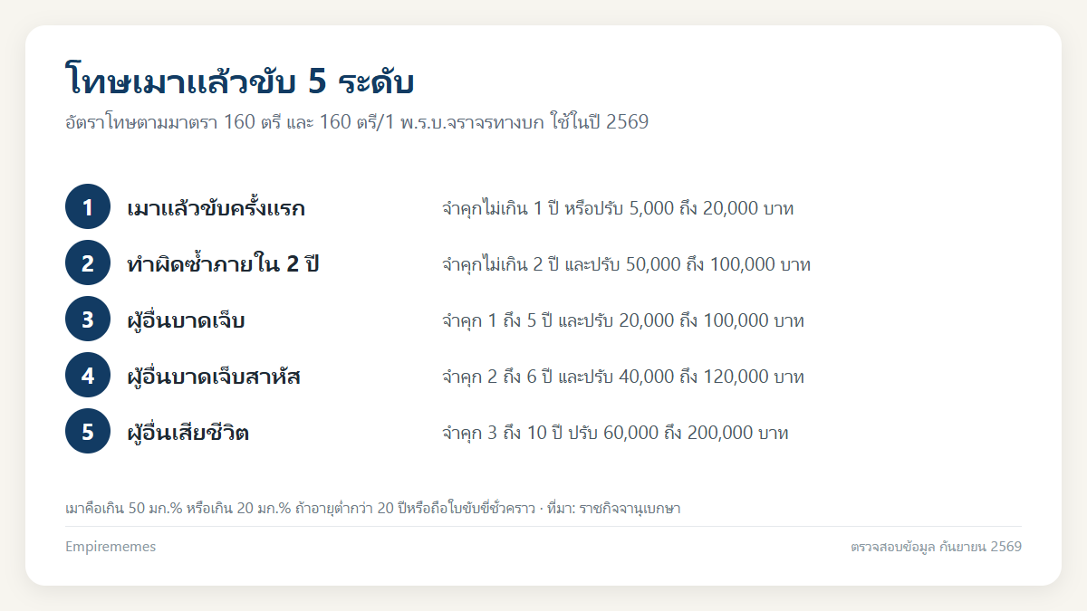 อินโฟกราฟิกสรุป เมาแล้วขับโทษเท่าไหร่ 2569: เกณฑ์แอลกอฮอล์ ไม่ยอมเป่า ทำผิดซ้ำ และประกัน